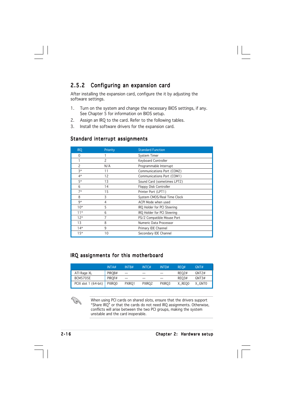 Standard interrupt assignments, Irq assignments for this motherboard | Asus AP1600R-E2(AI2) User Manual | Page 34 / 150