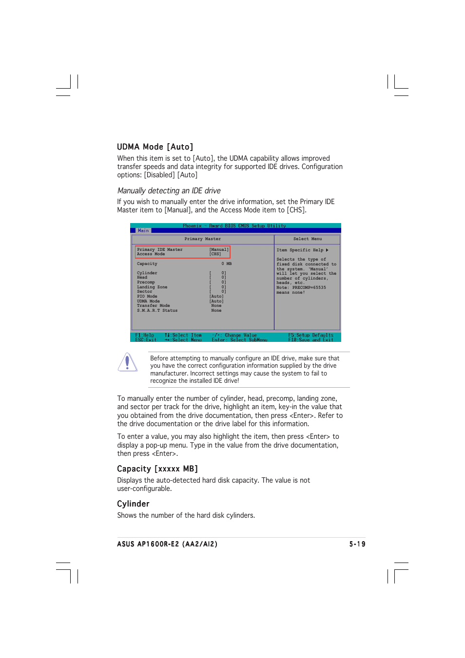 Udma mode [auto, Manually detecting an ide drive, Cylinder | Asus AP1600R-E2(AI2) User Manual | Page 87 / 150
