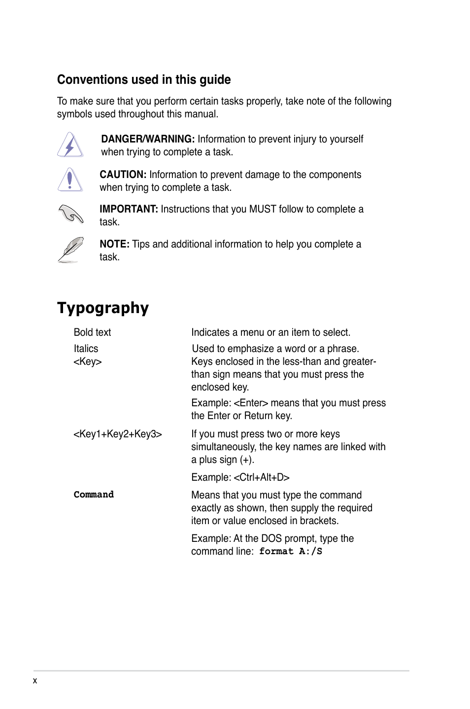 Typography, Conventions used in this guide | Asus P7F-E User Manual | Page 10 / 162