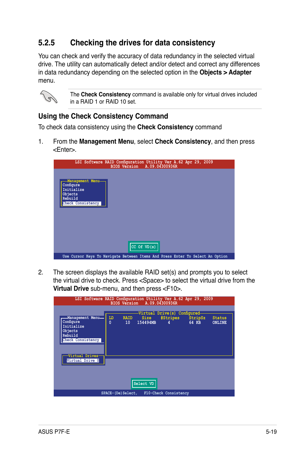 5 checking the drives for data consistency, Using the check consistency command | Asus P7F-E User Manual | Page 115 / 162