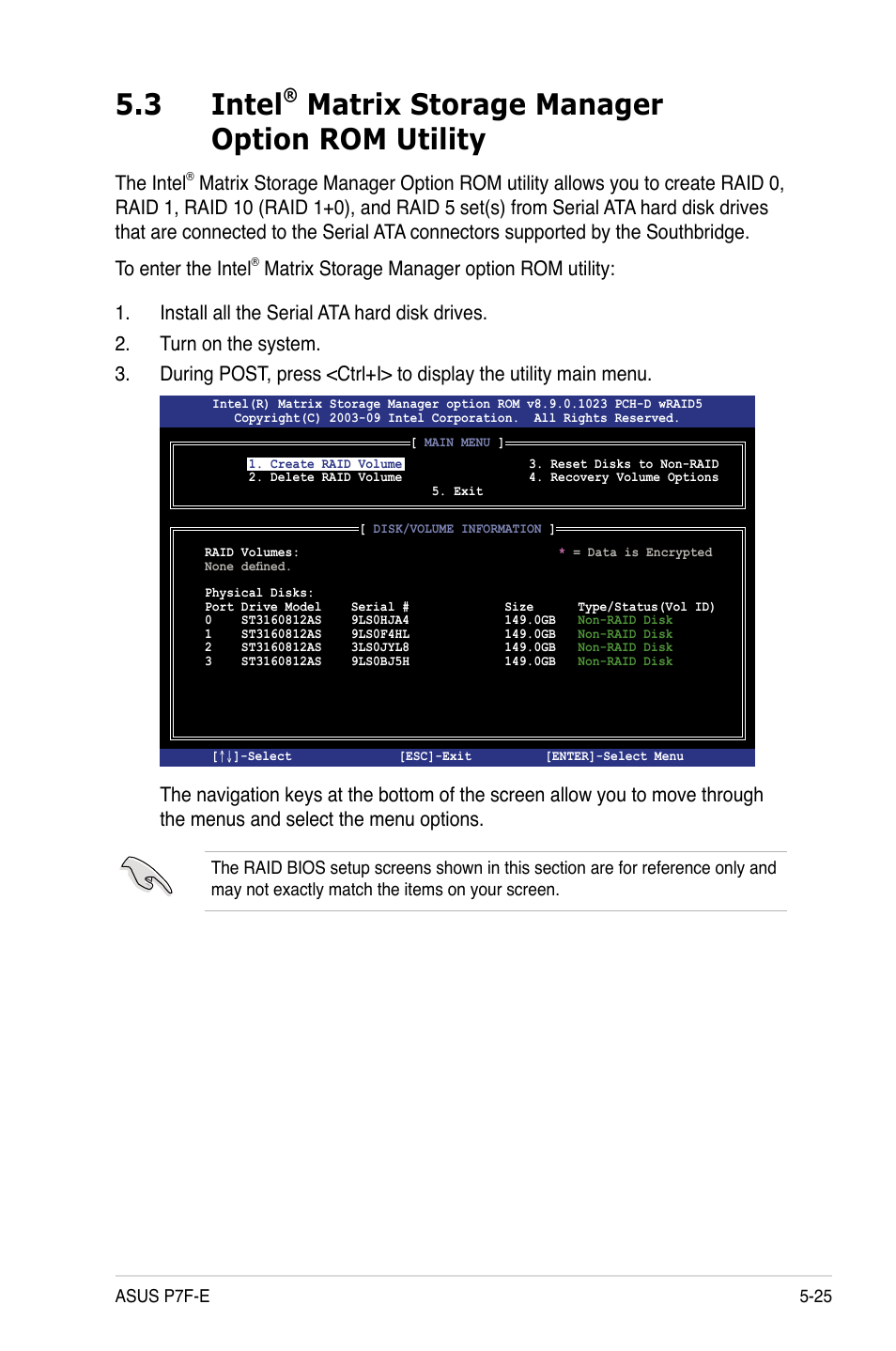 3 intel, Matrix storage manager option rom utility, The intel | Asus P7F-E User Manual | Page 121 / 162