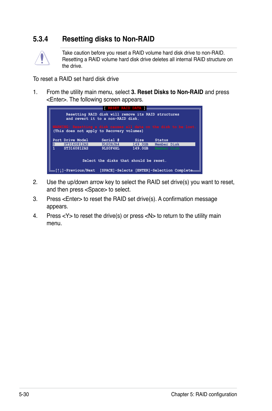 4 resetting disks to non-raid | Asus P7F-E User Manual | Page 126 / 162