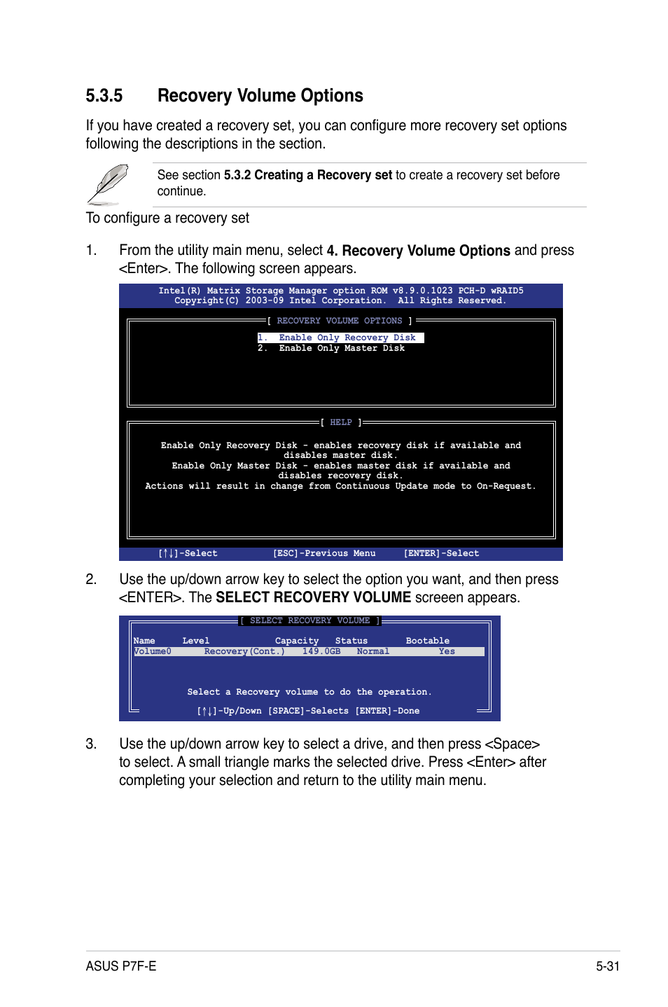 5 recovery volume options | Asus P7F-E User Manual | Page 127 / 162