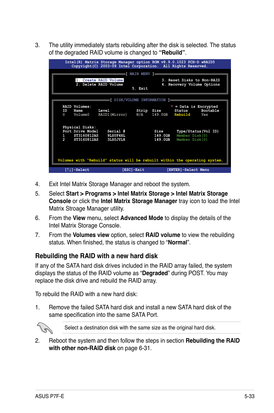 Rebuilding the raid with a new hard disk | Asus P7F-E User Manual | Page 129 / 162