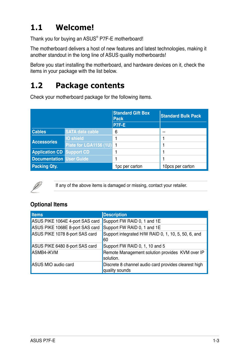 1 welcome, 2 package contents, Optional items | Asus P7F-E User Manual | Page 15 / 162