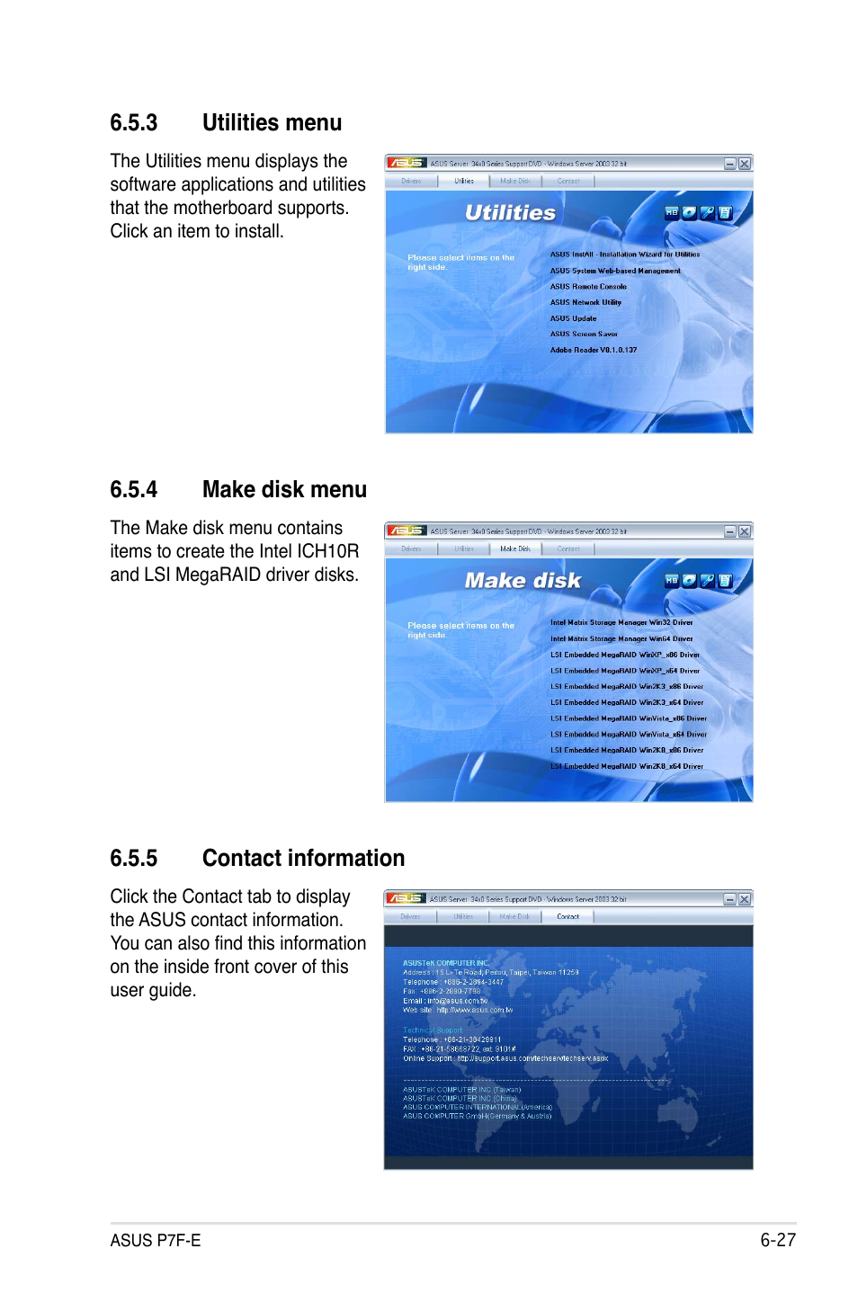 3 utilities menu, 4 make disk menu, 5 contact information | Asus P7F-E User Manual | Page 157 / 162