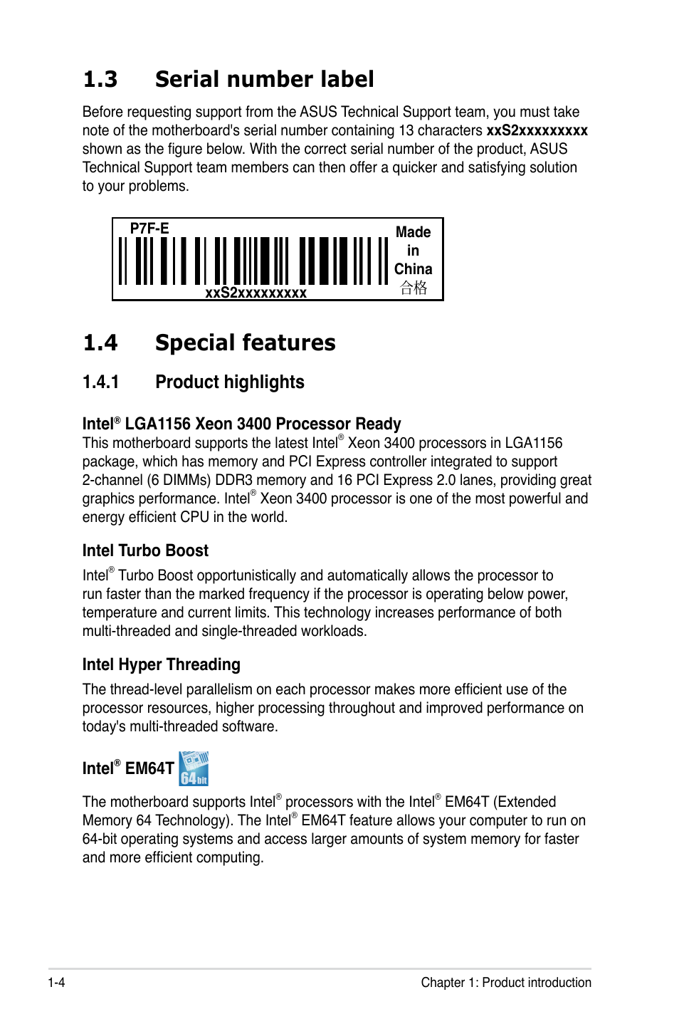 4 special features, 3 serial number label, 1 product highlights | Asus P7F-E User Manual | Page 16 / 162