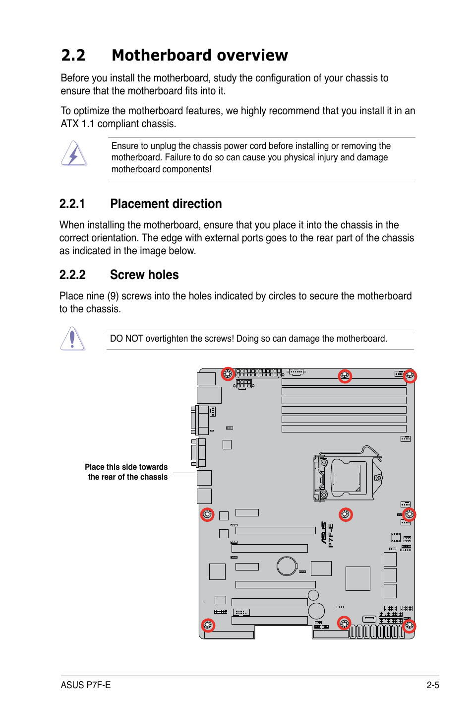 2 motherboard overview, 1 placement direction, 2 screw holes | Asus P7F-E User Manual | Page 23 / 162