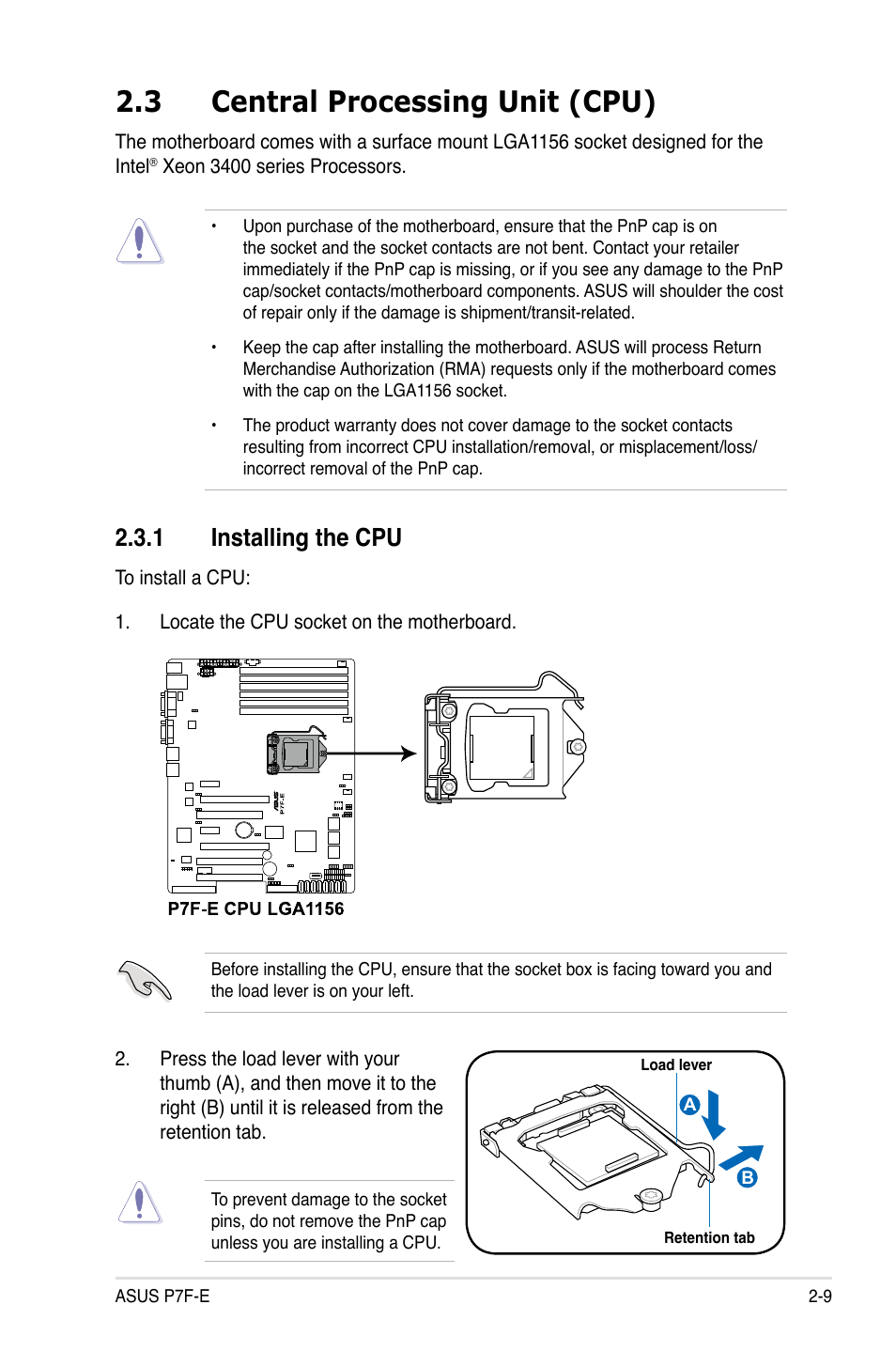 3 central processing unit (cpu), 1 installing the cpu | Asus P7F-E User Manual | Page 27 / 162