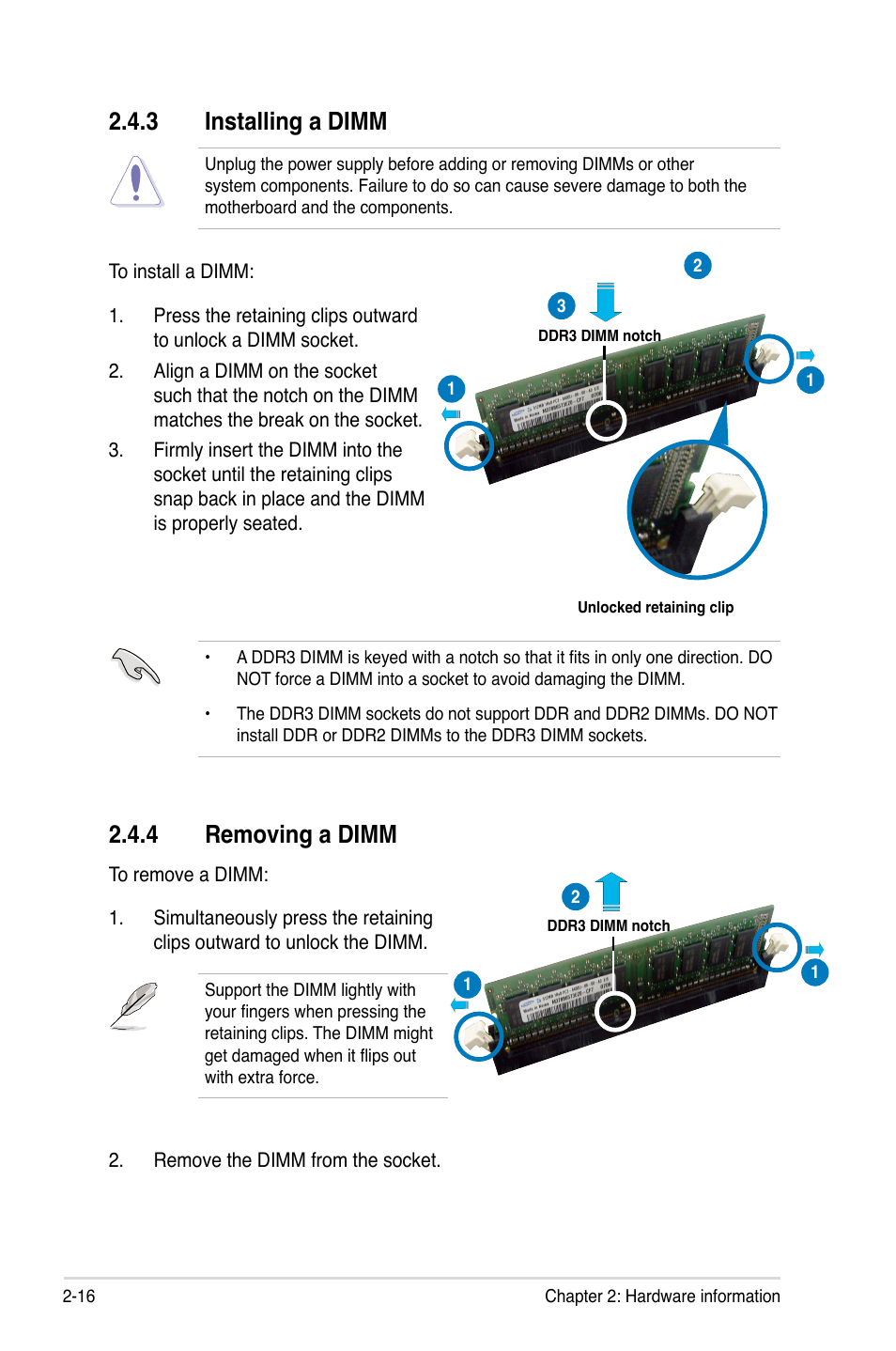 3 installing a dimm, 4 removing a dimm | Asus P7F-E User Manual | Page 34 / 162