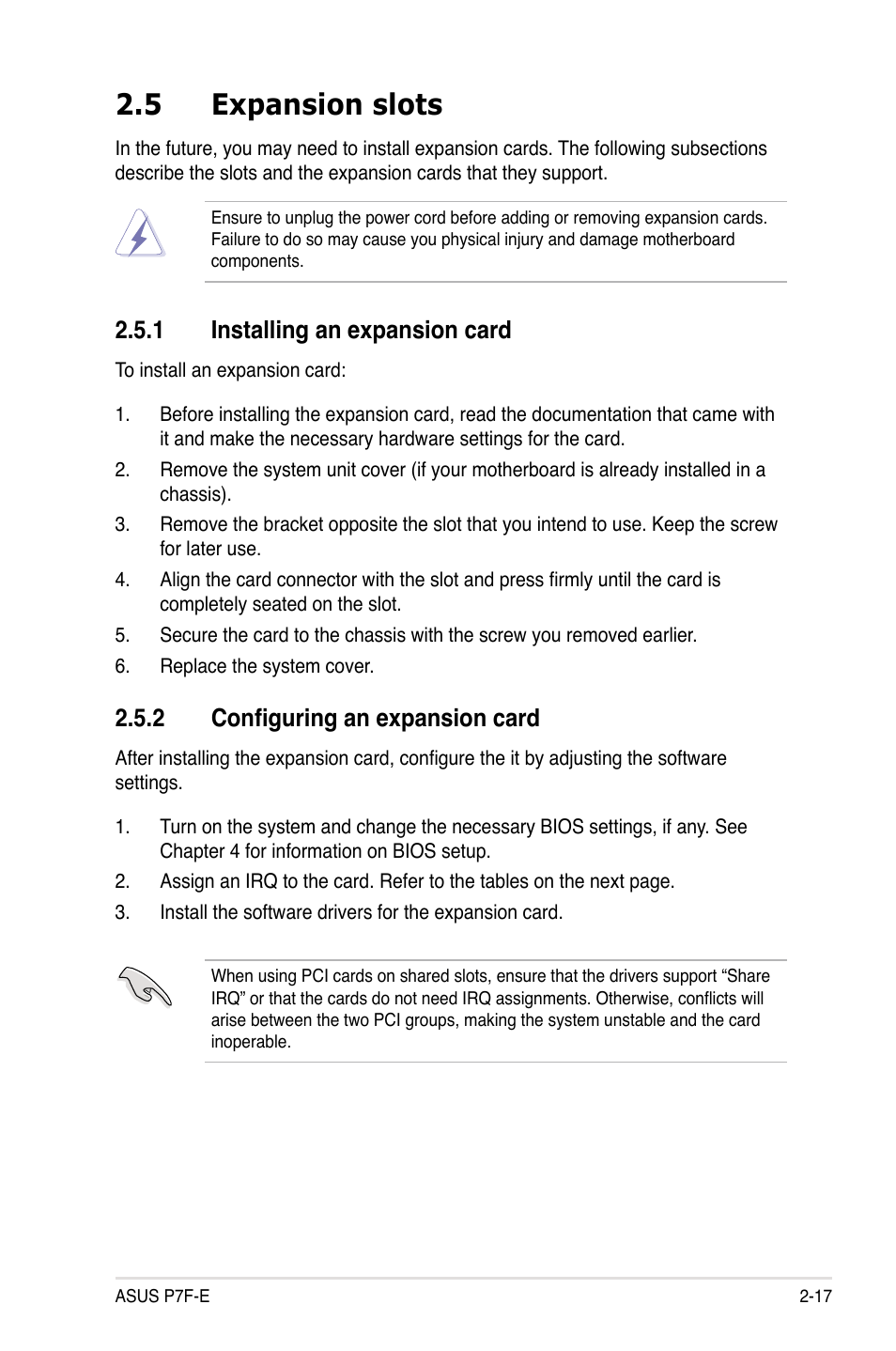 5 expansion slots, 1 installing an expansion card, 2 configuring an expansion card | Asus P7F-E User Manual | Page 35 / 162