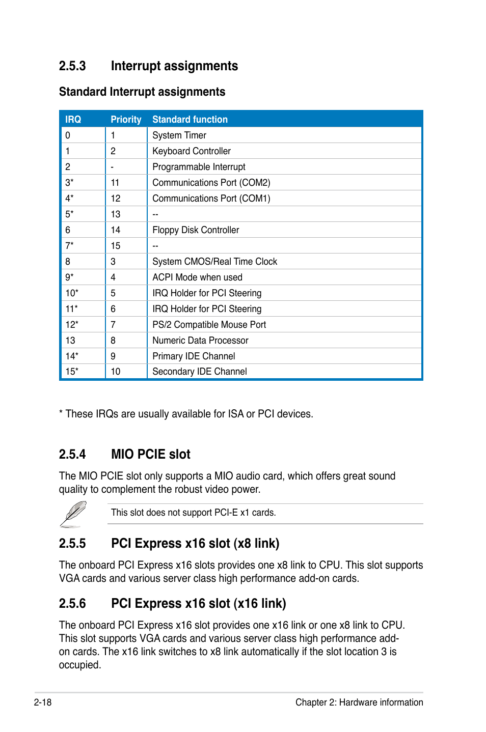 3 interrupt assignments, 4 mio pcie slot, 5 pci express x16 slot (x8 link) | Standard interrupt assignments | Asus P7F-E User Manual | Page 36 / 162