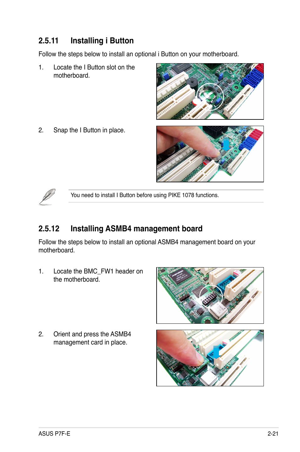 12 installing asmb4 management board, 11 installing i button | Asus P7F-E User Manual | Page 39 / 162