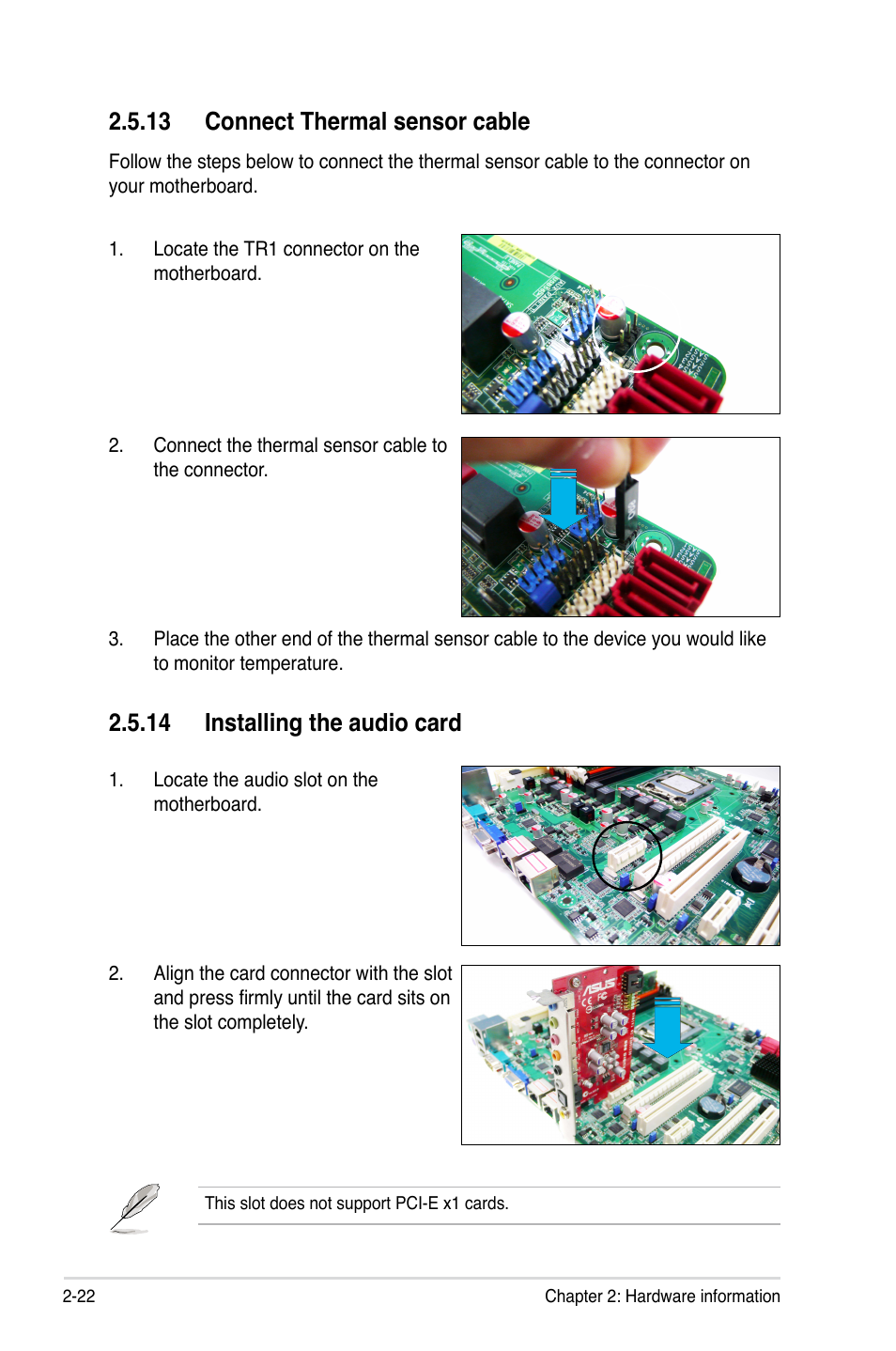 13 connect thermal sensor cable, 14 installing the audio card | Asus P7F-E User Manual | Page 40 / 162