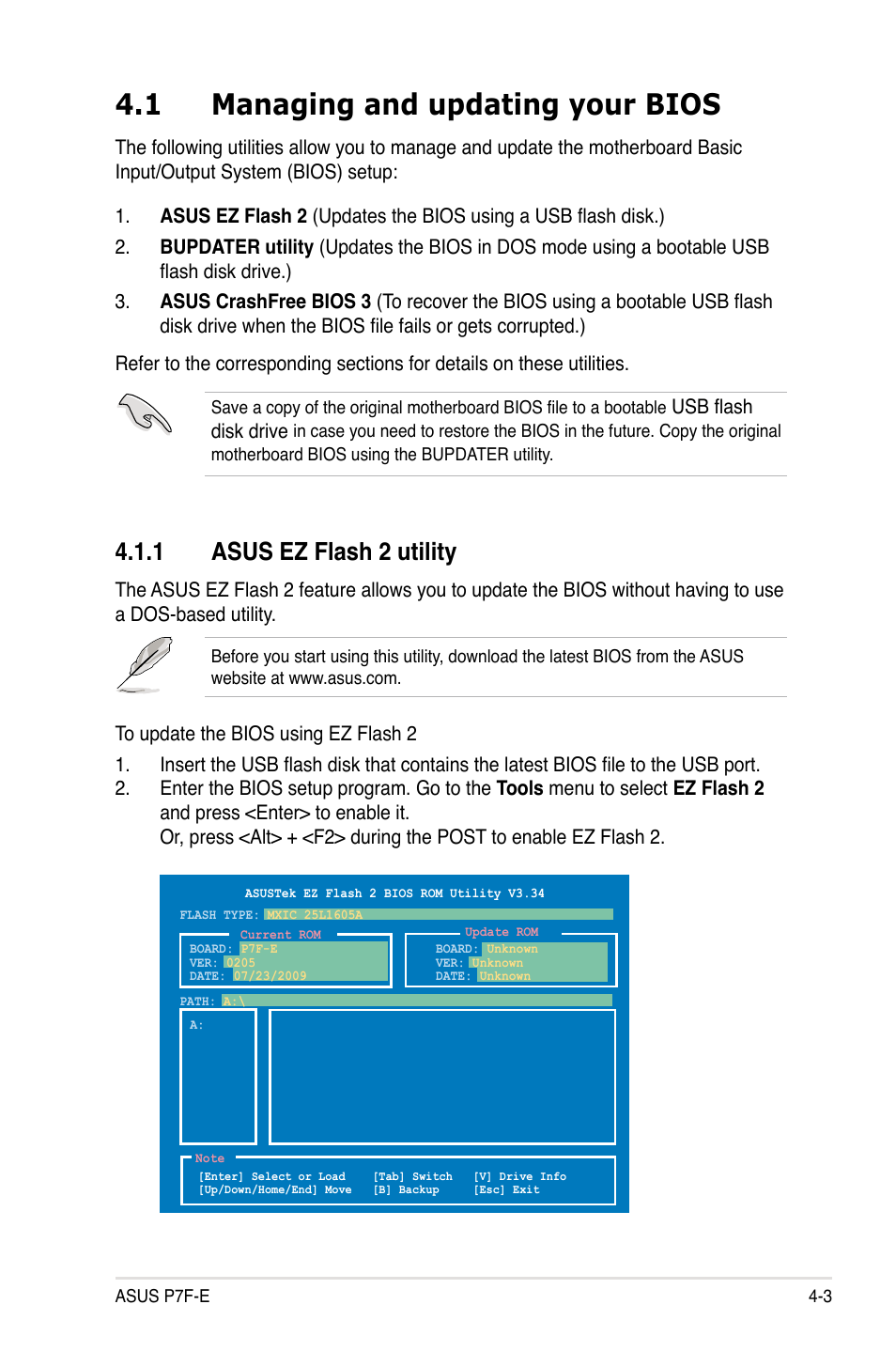 1 managing and updating your bios, 1 asus ez flash 2 utility | Asus P7F-E User Manual | Page 61 / 162