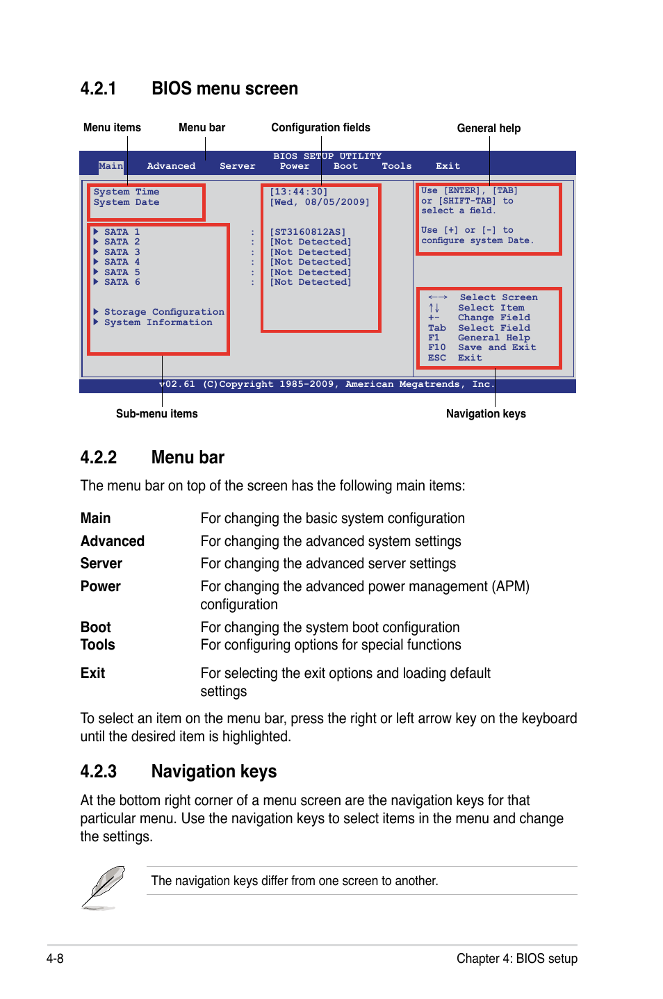 2 menu bar, 3 navigation keys, 1 bios menu screen | Asus P7F-E User Manual | Page 66 / 162