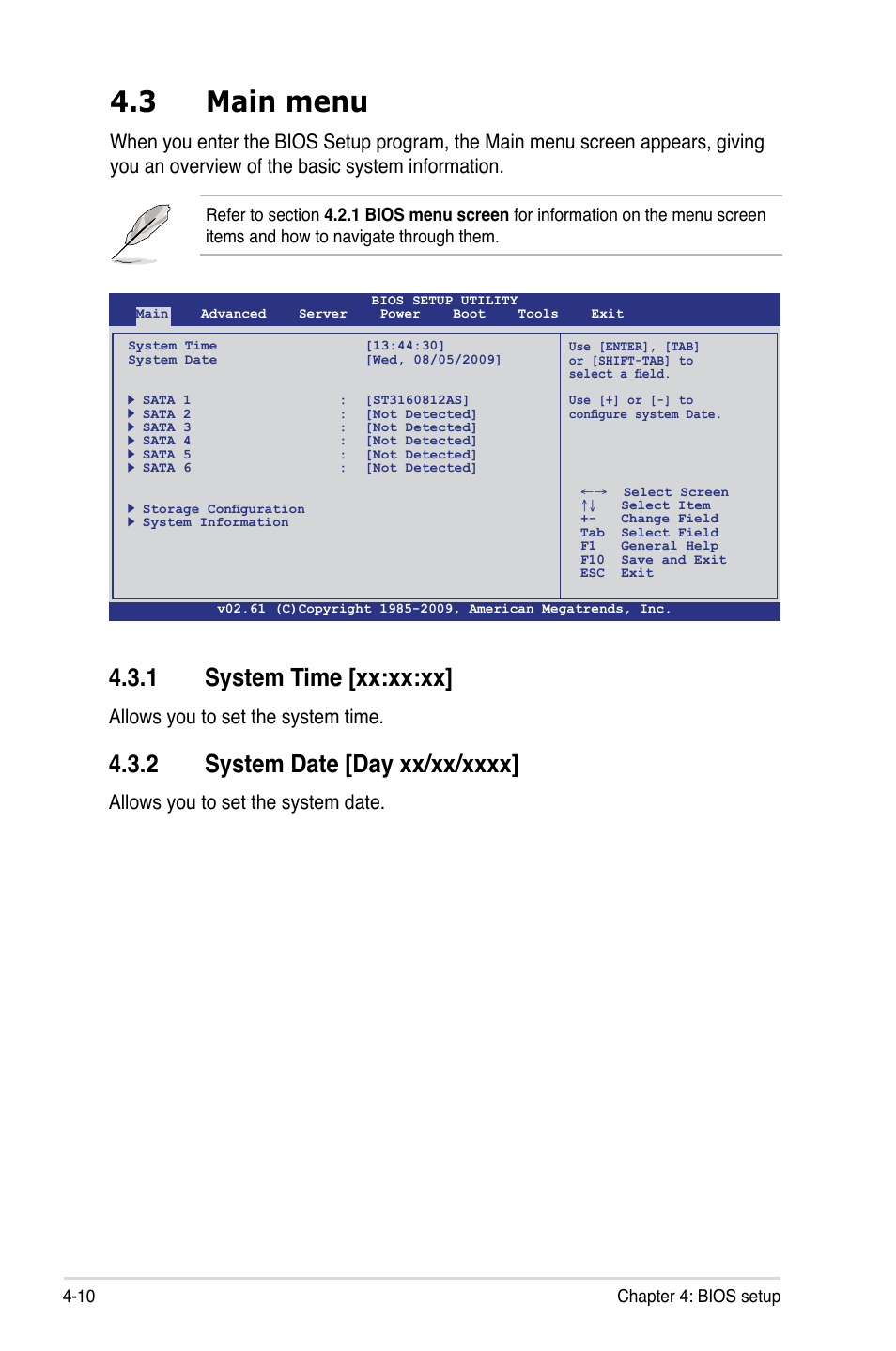 3 main menu, 1 system time [xx:xx:xx, Allows you to set the system time | Allows you to set the system date | Asus P7F-E User Manual | Page 68 / 162