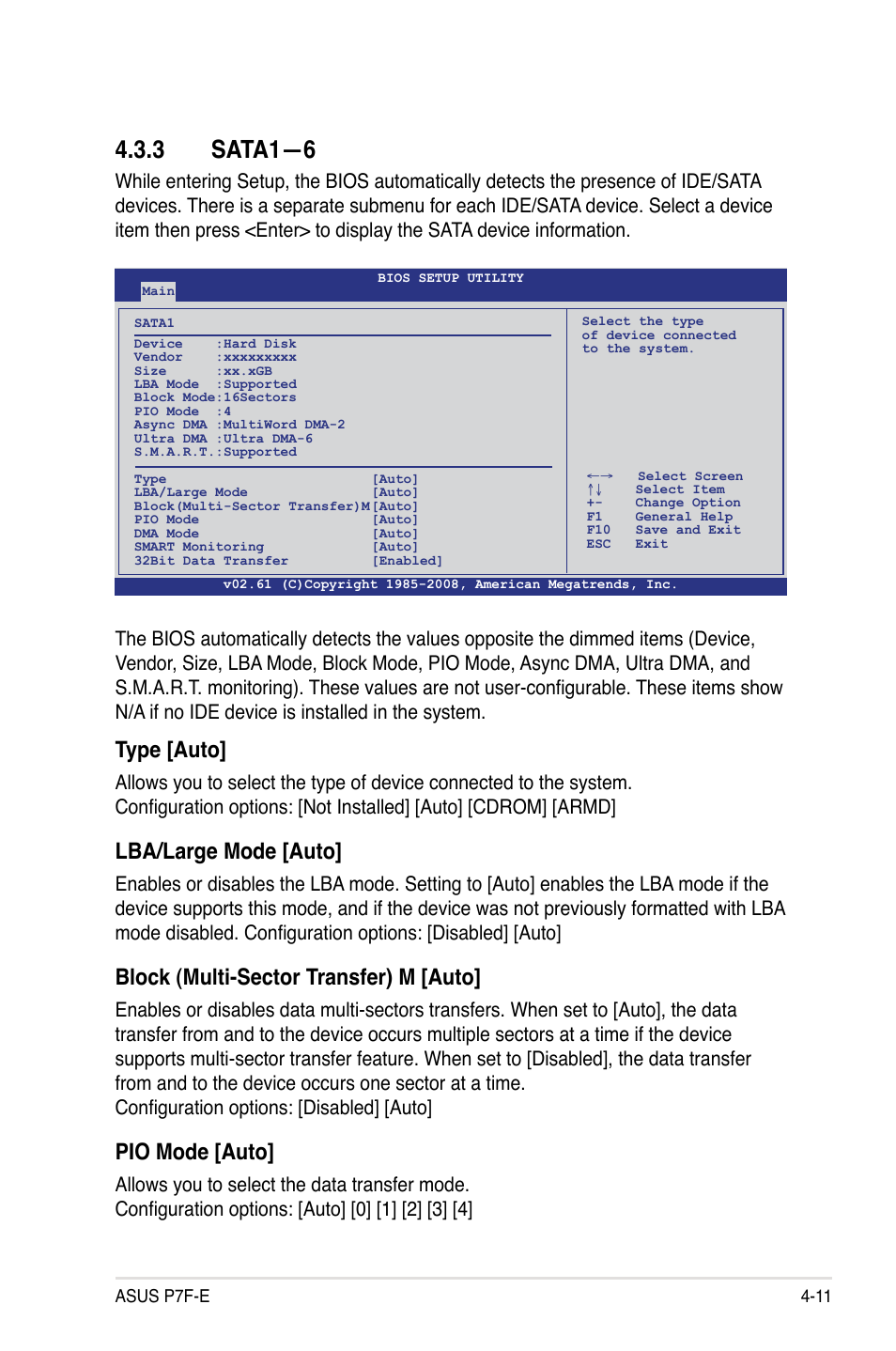 3 sata1—6, Type [auto, Lba/large mode [auto | Block (multi-sector transfer) m [auto, Pio mode [auto | Asus P7F-E User Manual | Page 69 / 162