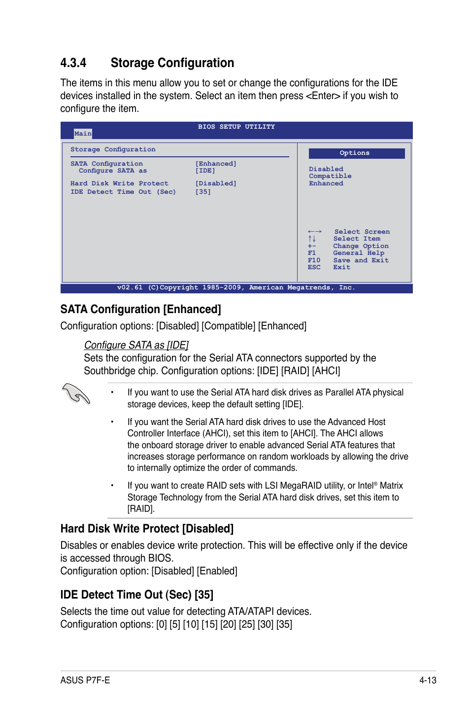 4 storage configuration, Sata configuration [enhanced, Hard disk write protect [disabled | Ide detect time out (sec) [35 | Asus P7F-E User Manual | Page 71 / 162