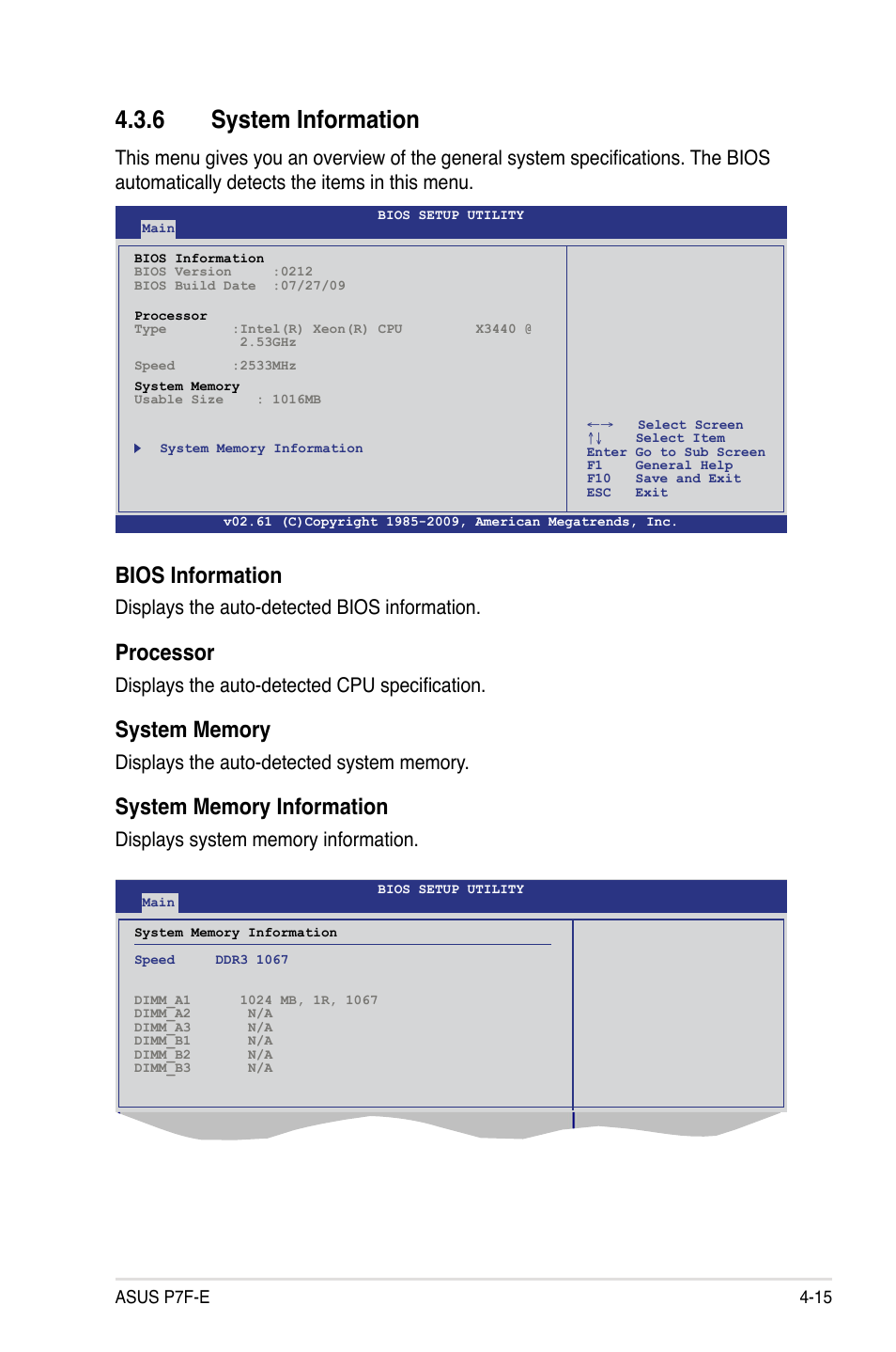 6 system information, Bios information, Processor | Displays the auto-detected bios information, Displays the auto-detected cpu specification | Asus P7F-E User Manual | Page 73 / 162