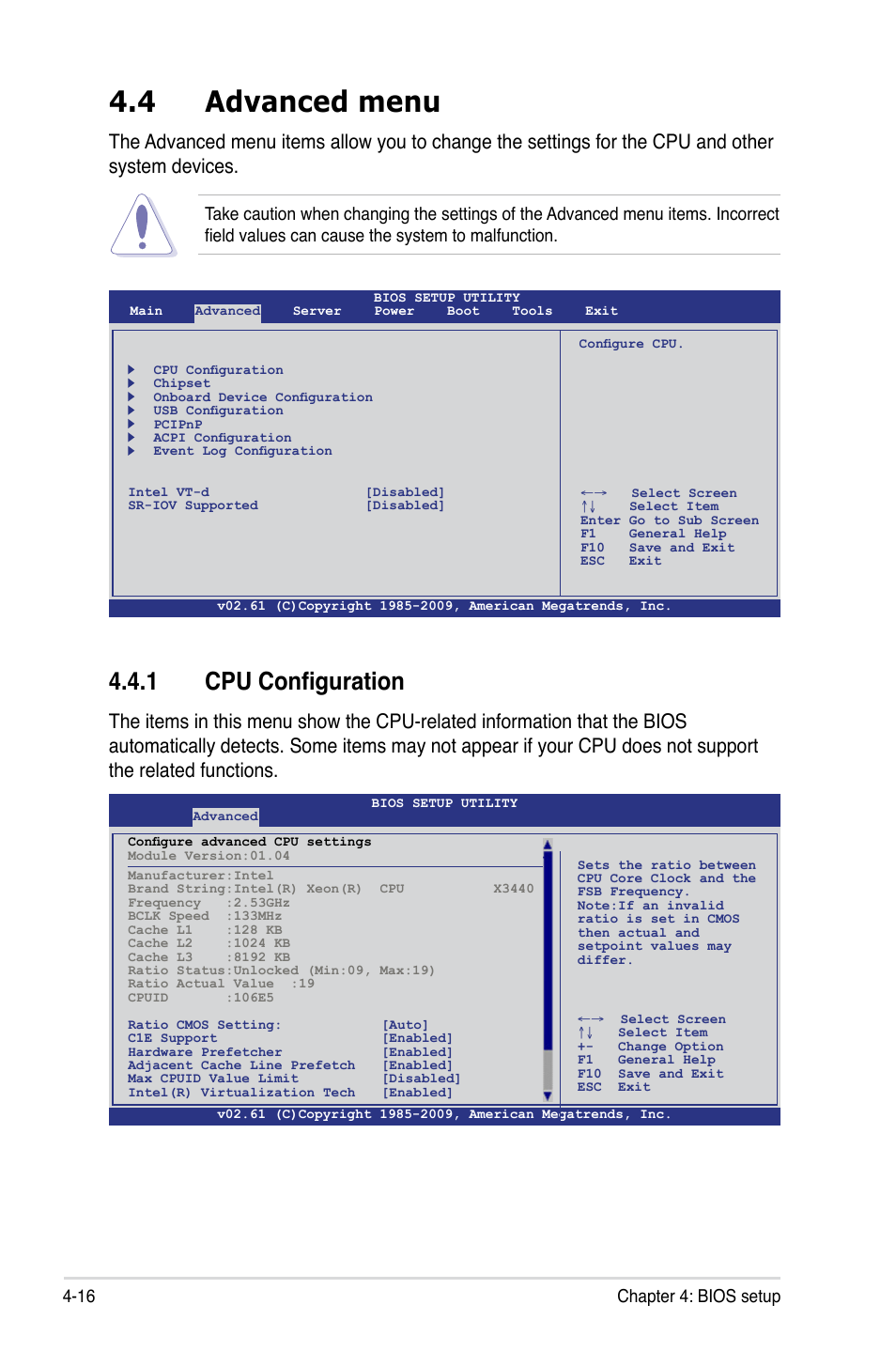 4 advanced menu, 1 cpu configuration, 16 chapter 4: bios setup | Asus P7F-E User Manual | Page 74 / 162