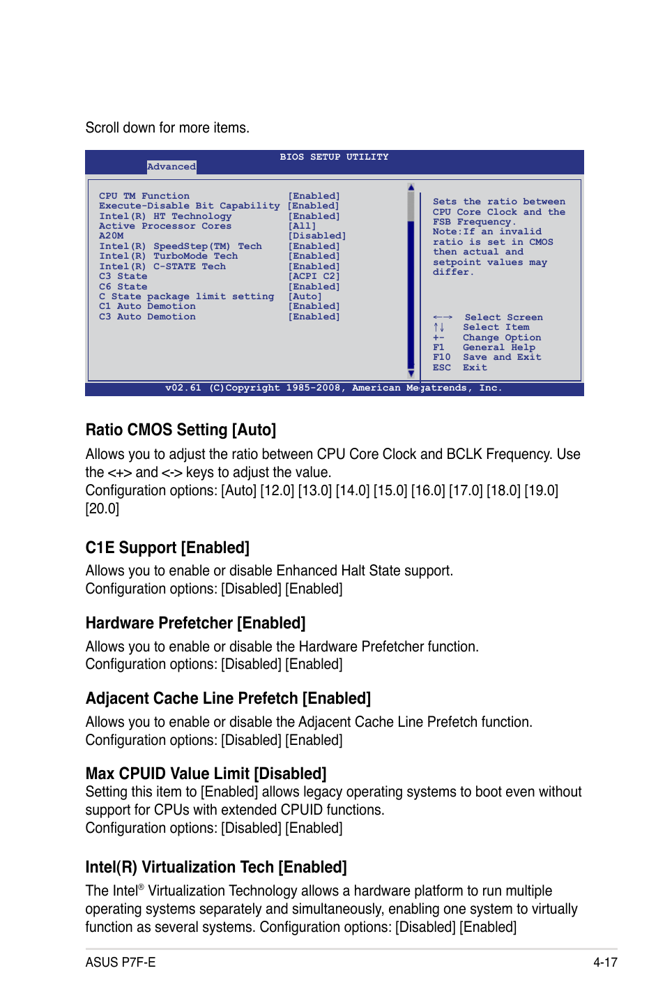 Ratio cmos setting [auto, C1e support [enabled, Hardware prefetcher [enabled | Adjacent cache line prefetch [enabled, Max cpuid value limit [disabled, Intel(r) virtualization tech [enabled, Scroll down for more items, The intel | Asus P7F-E User Manual | Page 75 / 162