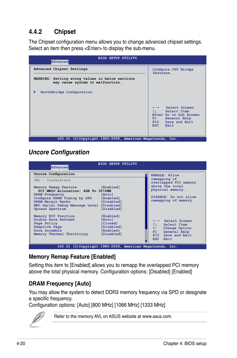 2 chipset, Uncore configuration, Dram frequency [auto | 20 chapter 4: bios setup | Asus P7F-E User Manual | Page 78 / 162