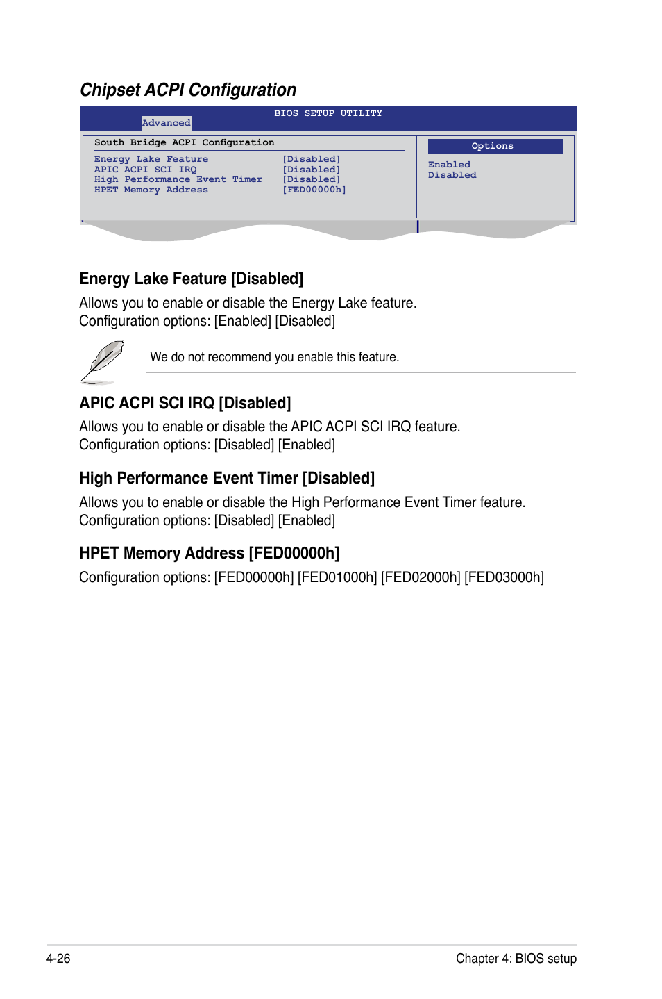 Chipset acpi configuration, Energy lake feature [disabled, Apic acpi sci irq [disabled | High performance event timer [disabled | Asus P7F-E User Manual | Page 84 / 162