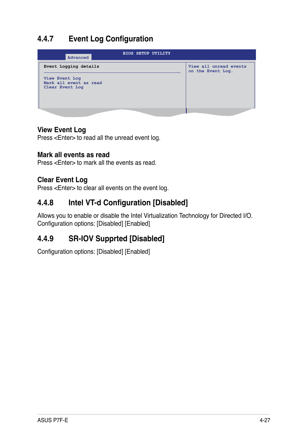 7 event log configuration, 8 intel vt-d configuration [disabled, 9 sr-iov supprted [disabled | View event log, Mark all events as read, Clear event log | Asus P7F-E User Manual | Page 85 / 162