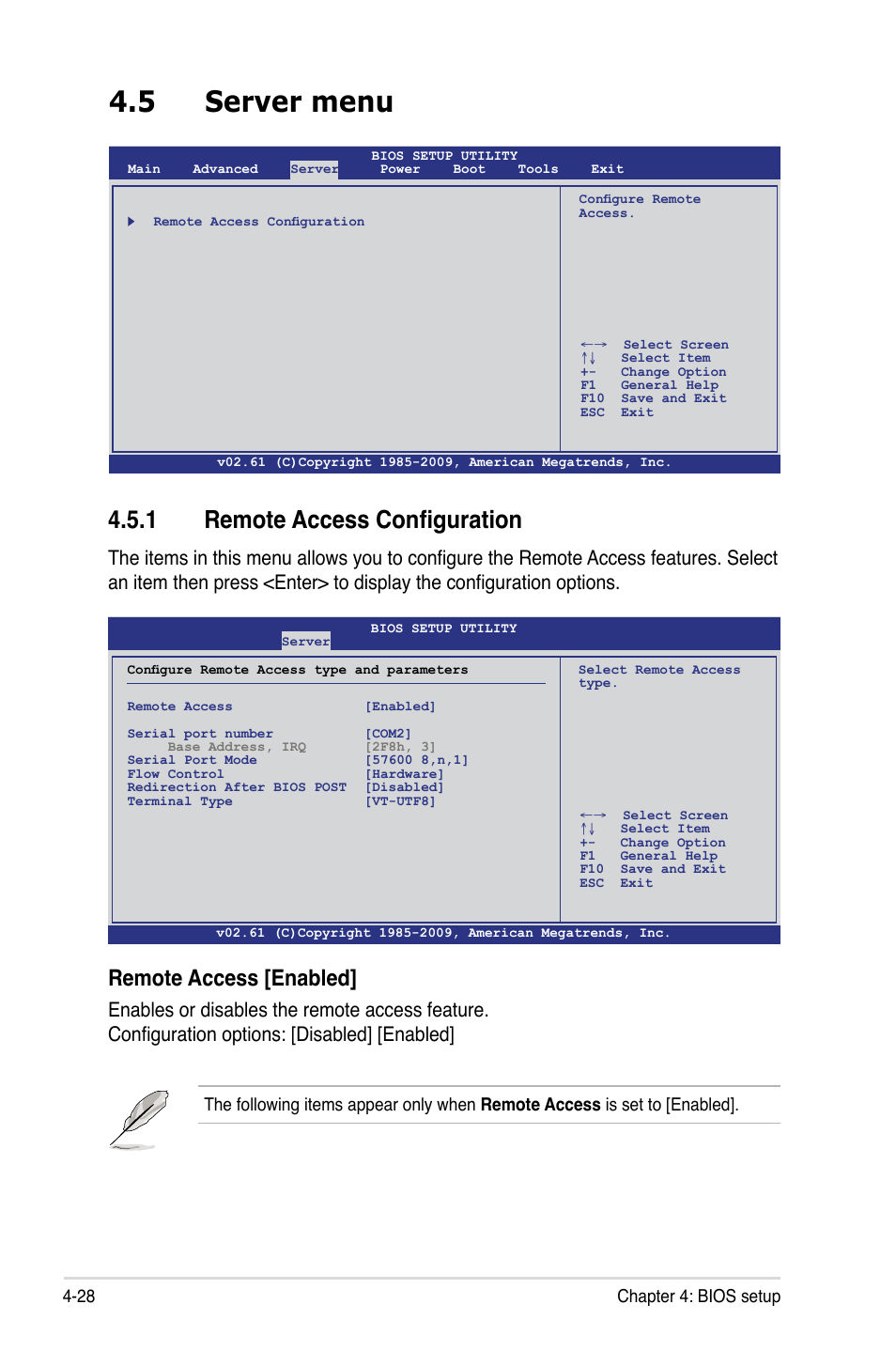 5 server menu, 1 remote access configuration, Remote access [enabled | Asus P7F-E User Manual | Page 86 / 162