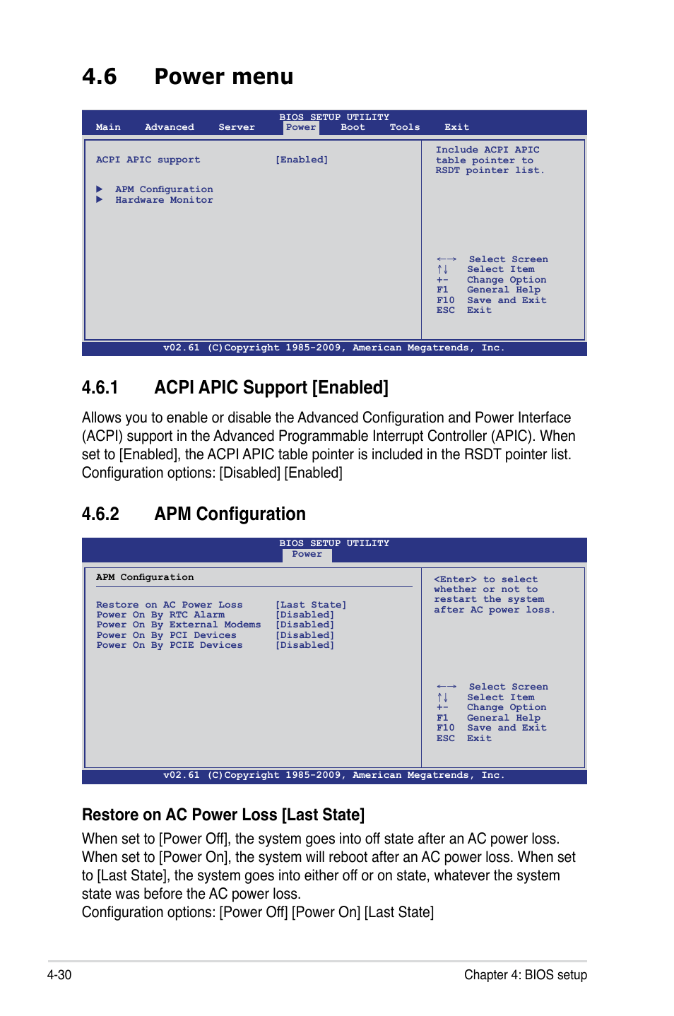 6 power menu, 1 acpi apic support [enabled, 2 apm configuration | Restore on ac power loss [last state | Asus P7F-E User Manual | Page 88 / 162