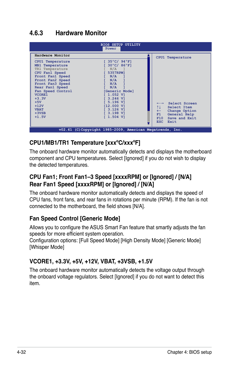 3 hardware monitor, Cpu1/mb1/tr1 temperature [xxxºc/xxxºf, Fan speed control [generic mode | Asus P7F-E User Manual | Page 90 / 162