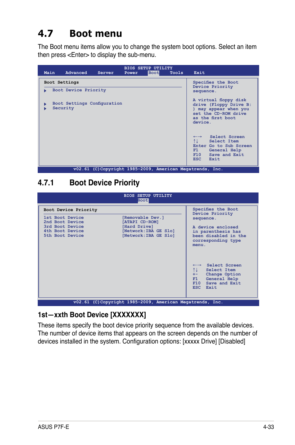 7 boot menu, 1 boot device priority, Asus p7f-e 4-33 | Asus P7F-E User Manual | Page 91 / 162