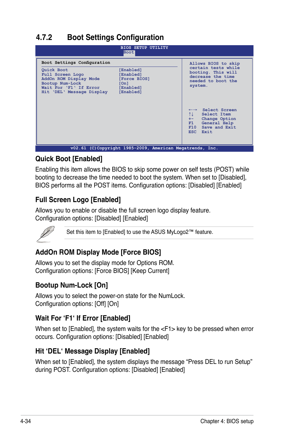 2 boot settings configuration, Quick boot [enabled, Full screen logo [enabled | Addon rom display mode [force bios, Bootup num-lock [on, Wait for ‘f1‘ if error [enabled, Hit ‘del‘ message display [enabled | Asus P7F-E User Manual | Page 92 / 162