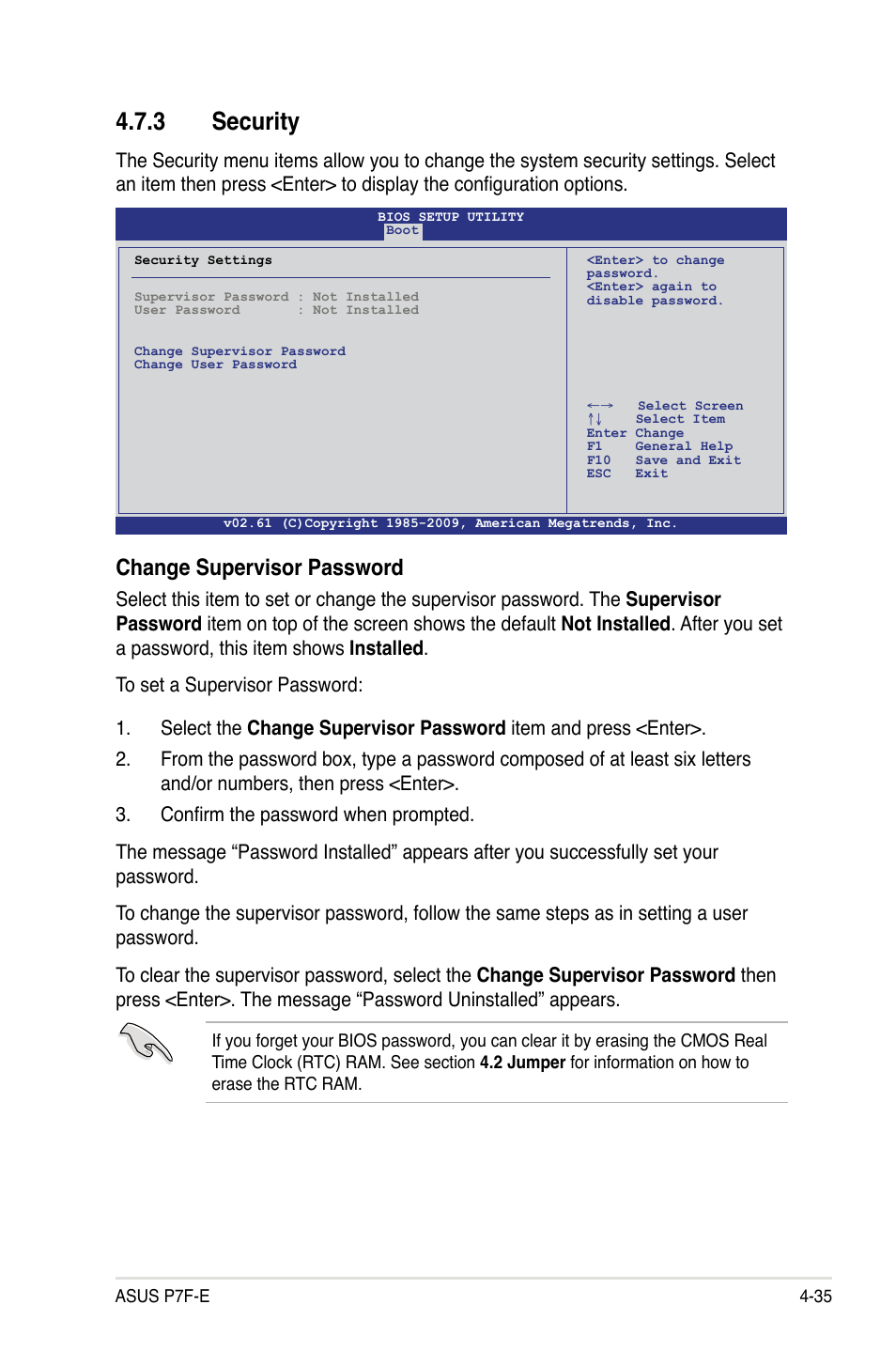 3 security, Change supervisor password | Asus P7F-E User Manual | Page 93 / 162