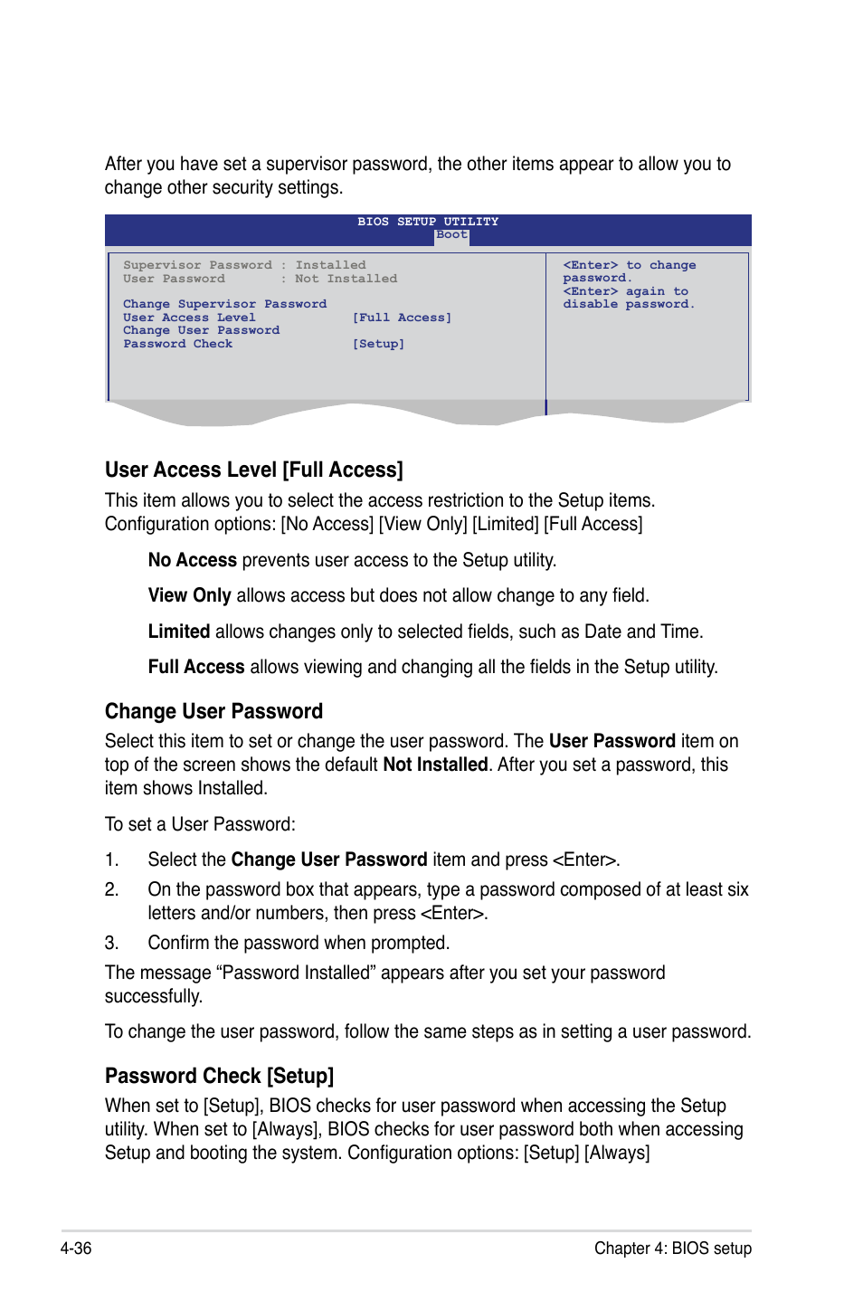 User access level [full access, Change user password, Password check [setup | Asus P7F-E User Manual | Page 94 / 162