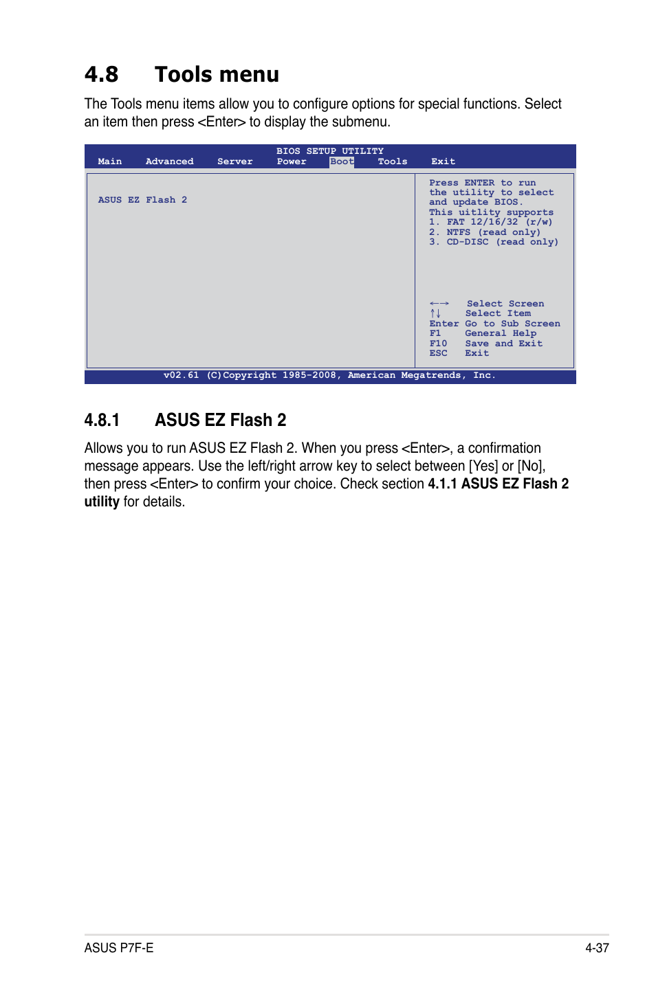 8 tools menu, 1 asus ez flash 2 | Asus P7F-E User Manual | Page 95 / 162