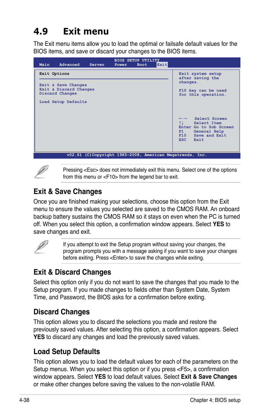 9 exit menu, Exit & save changes, Exit & discard changes | Discard changes, Load setup defaults | Asus P7F-E User Manual | Page 96 / 162