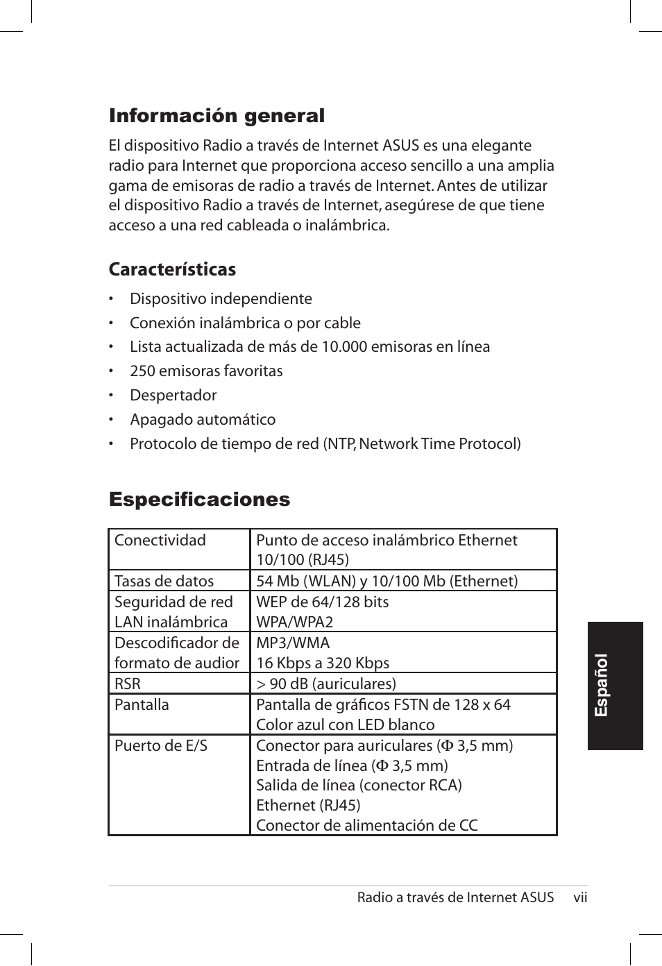 Especificaciones, Información general, Características | Asus AIR User Manual | Page 103 / 192