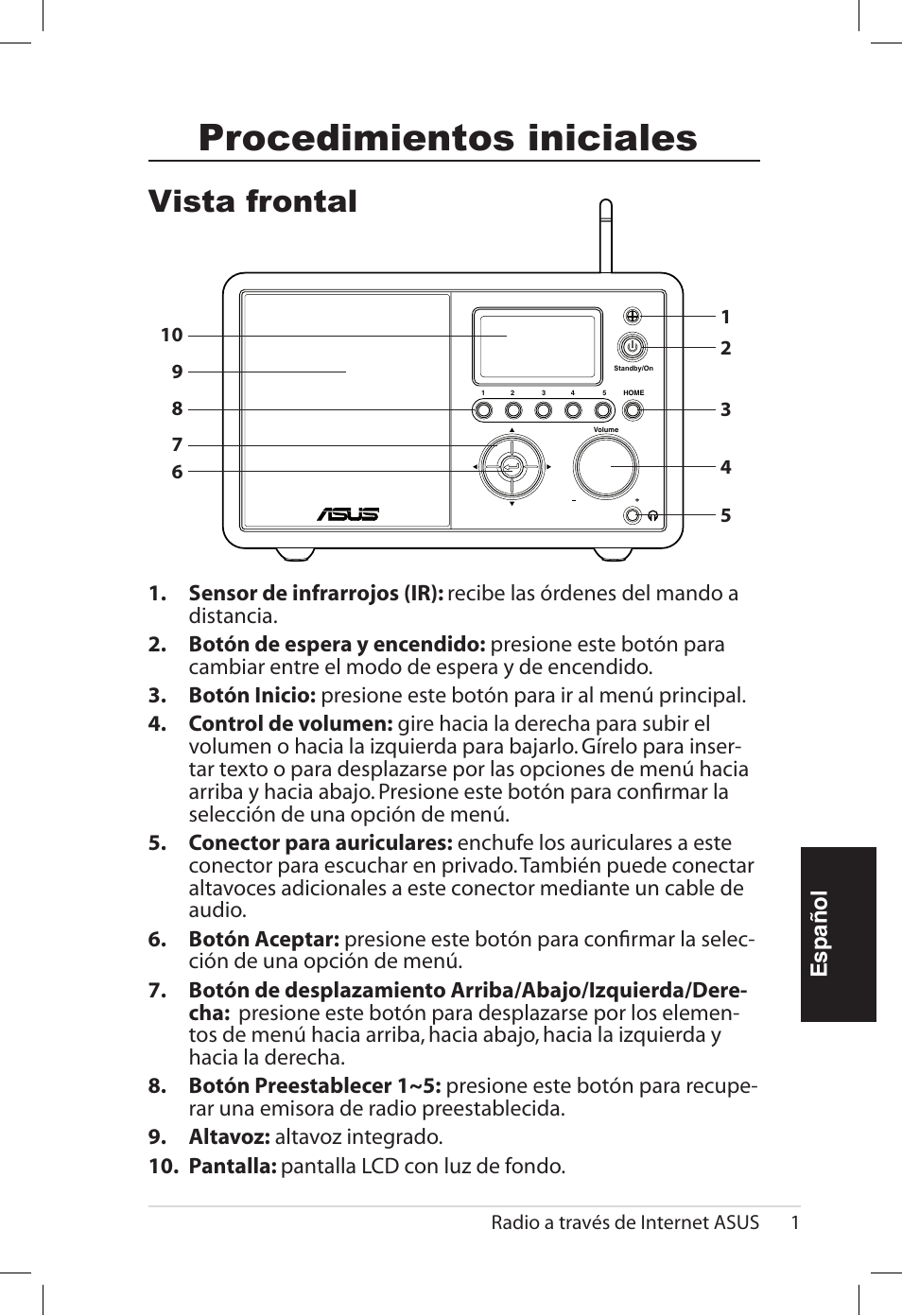 Procedimientos iniciales, Vista frontal | Asus AIR User Manual | Page 105 / 192