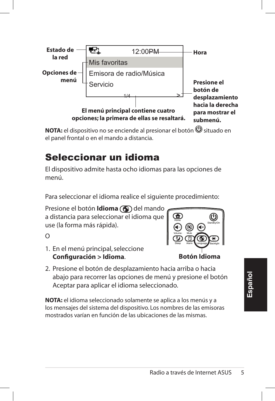 Seleccionar un idioma, Español, Botón.idioma | Radio a través de internet asus 5 | Asus AIR User Manual | Page 109 / 192