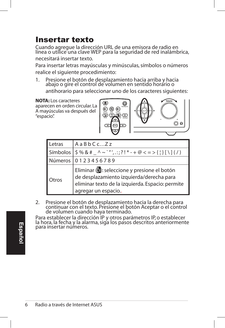 Insertar texto, Español, 6radio a través de internet asus | Asus AIR User Manual | Page 110 / 192