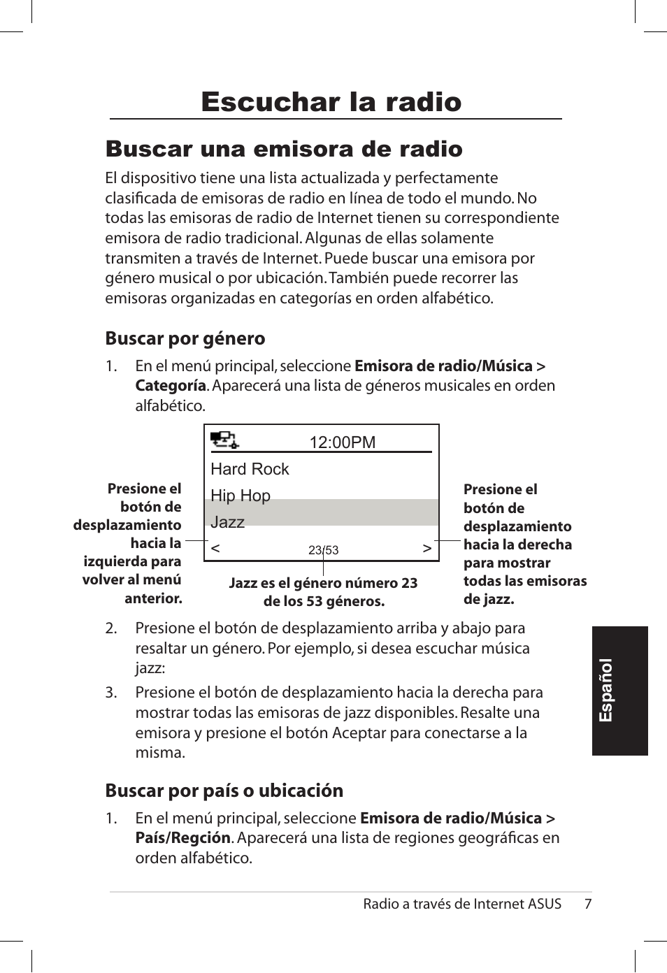 Escuchar la radio, Buscar una emisora de radio, Buscar.por.género | Buscar.por.país.o.ubicación | Asus AIR User Manual | Page 111 / 192