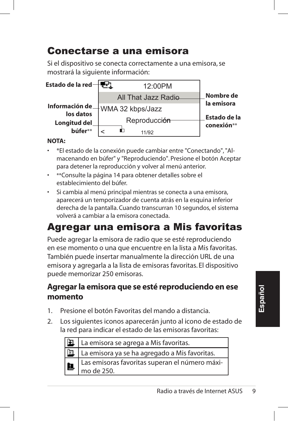 Agregar una emisora a mis favoritas, Conectarse a una emisora | Asus AIR User Manual | Page 113 / 192