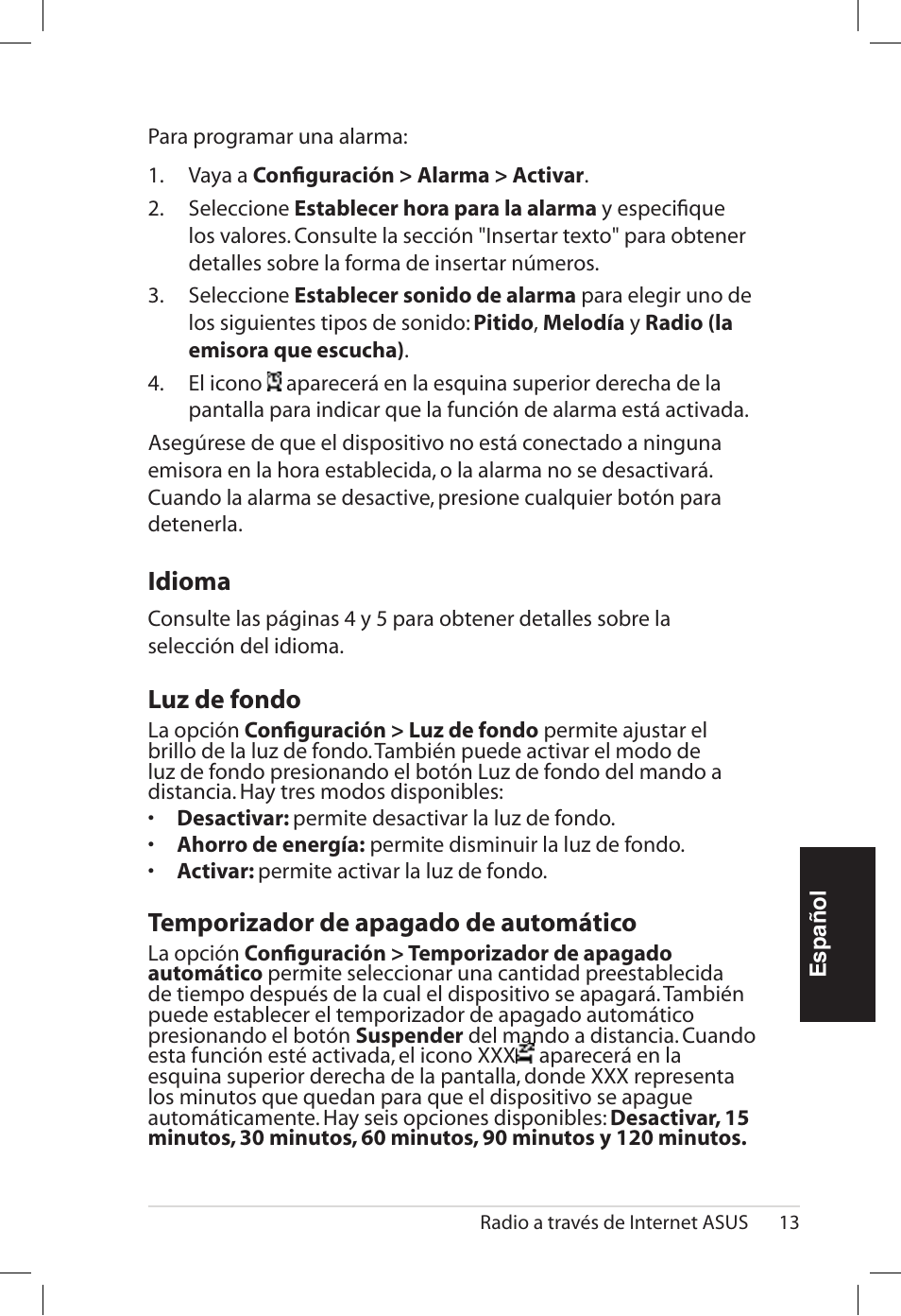 Idioma, Luz.de.fondo, Temporizador.de.apagado.de.automático | Asus AIR User Manual | Page 117 / 192