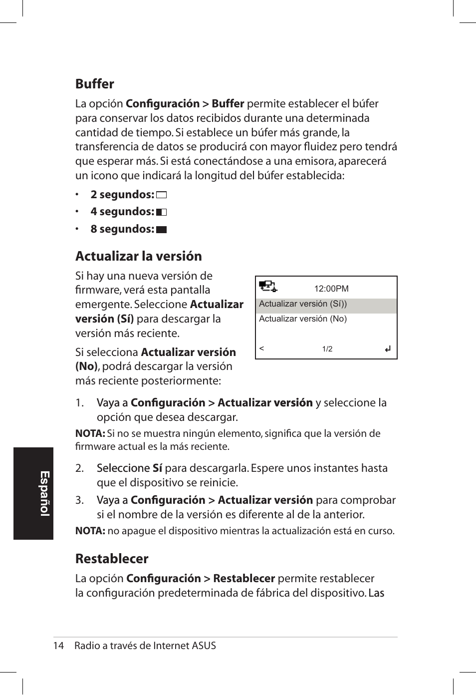 Buffer, Actualizar.la.versión, Restablecer | Asus AIR User Manual | Page 118 / 192