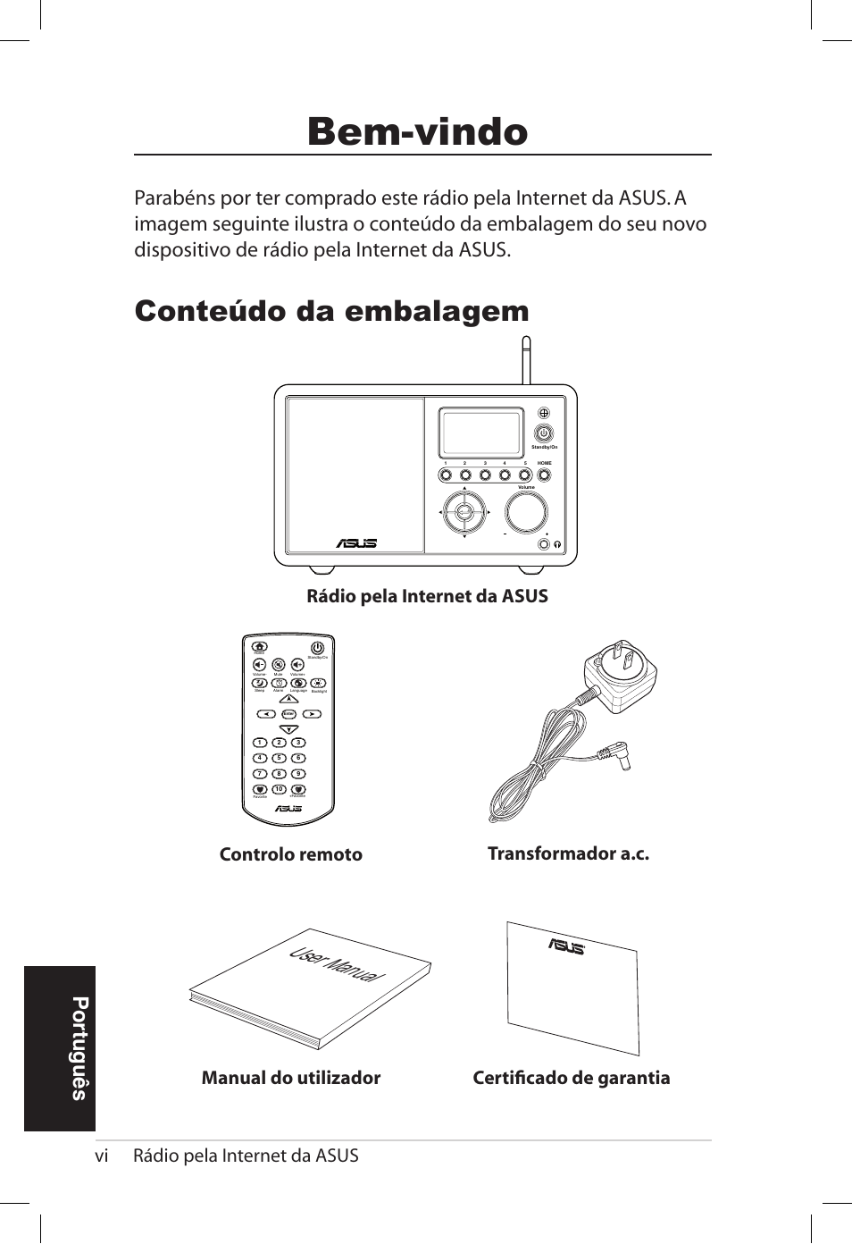 Bem-vindo, Conteúdo da embalagem, User manual | Português, Vi rádio pela internet da asus | Asus AIR User Manual | Page 126 / 192