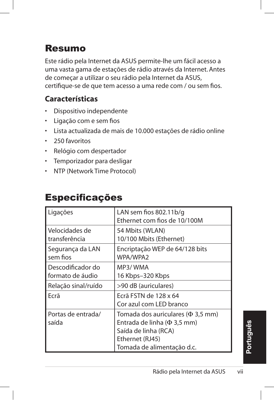 Especificações, Resumo, Características | Asus AIR User Manual | Page 127 / 192