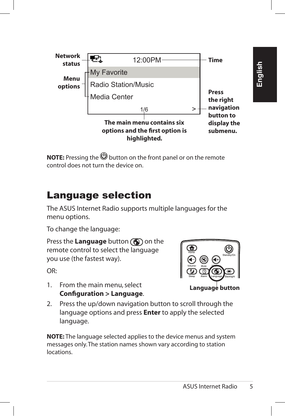 Language selection, English, 00pm my favorite radio station/music media center | Asus AIR User Manual | Page 13 / 192