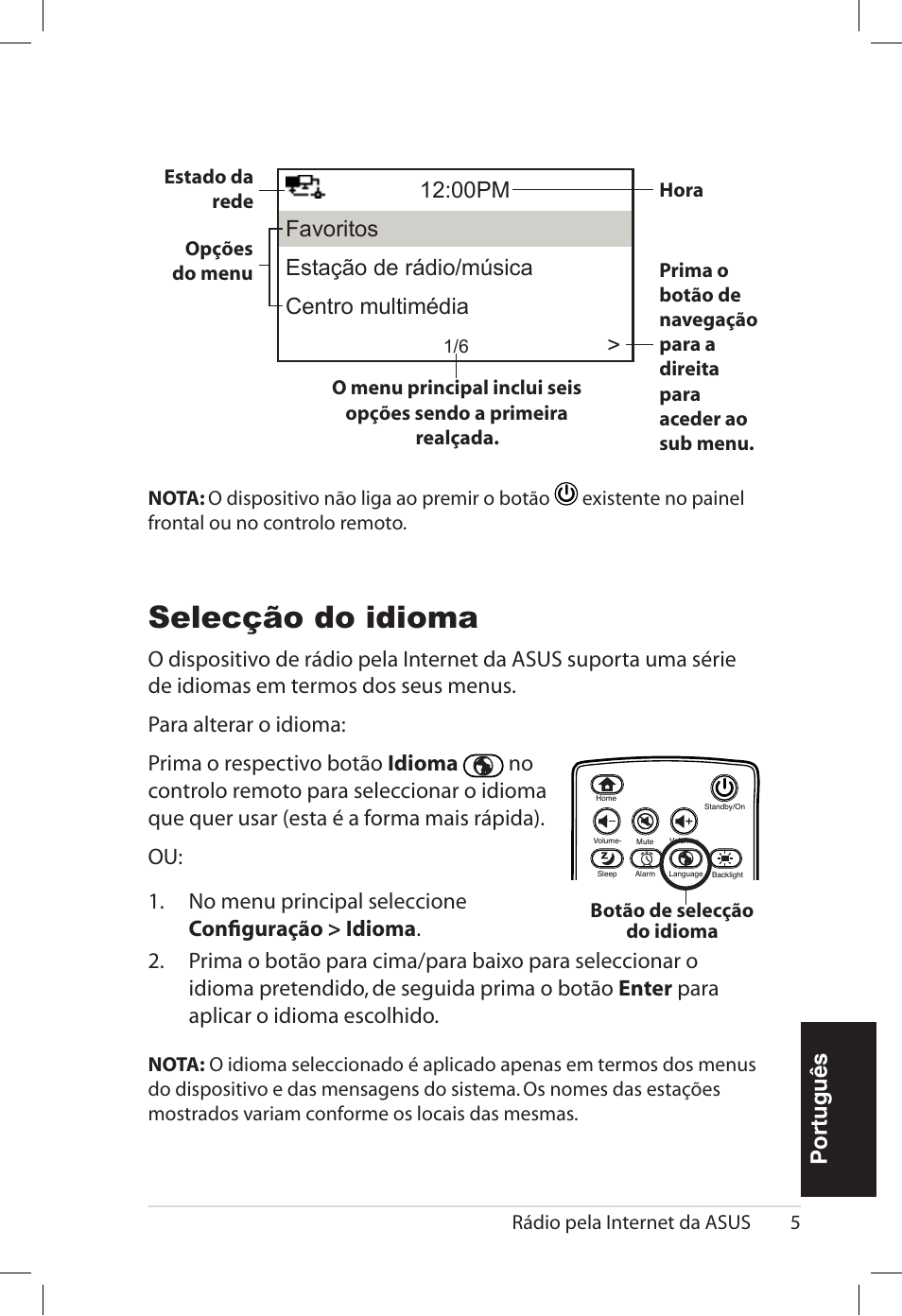 Selecção do idioma, Português | Asus AIR User Manual | Page 133 / 192